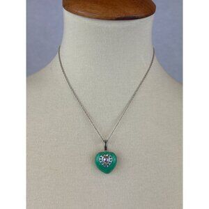 Heart-Shaped Green Crystal Pendant Necklace With Silver Chain & Rhinestone Accen